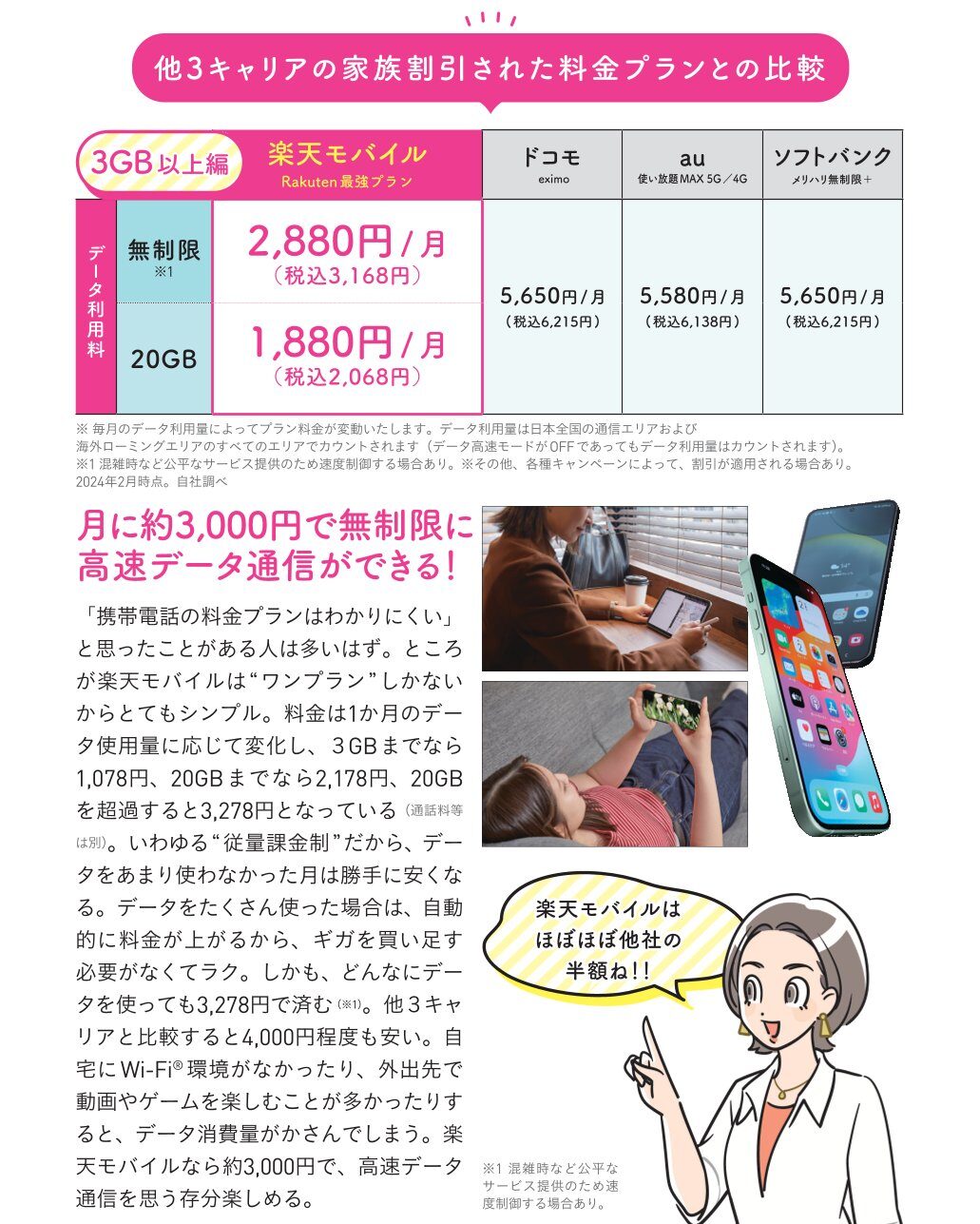 スマホ代を見直して固定費削減-楽天モバイルと他３キャリアの比較